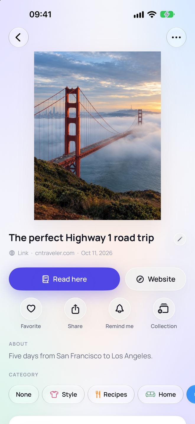 A saved link in Keviio, “The perfect Highway 1 road trip”, with a photo of the Golden Gate Bridge and a Read here button.